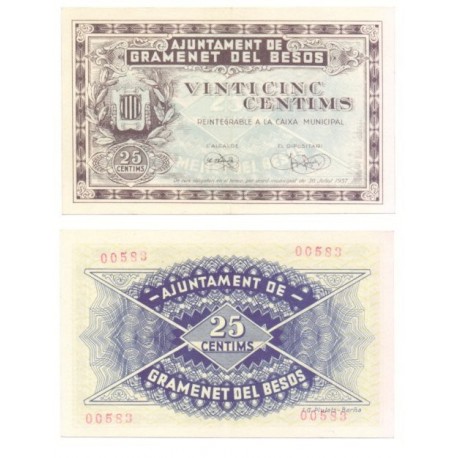 Gramenet del Besós [1937] Billete de 25 Cèntims (EBC)