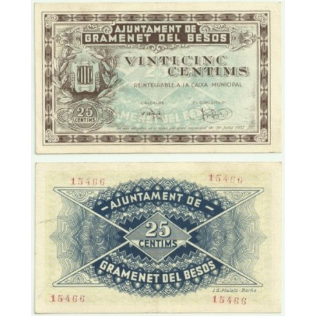 Gramenet del Besós [1937] Billete de 25 Cèntims (EBC)