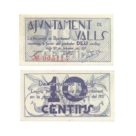 Valls [1937] Billete de 10 Cèntims (SC)