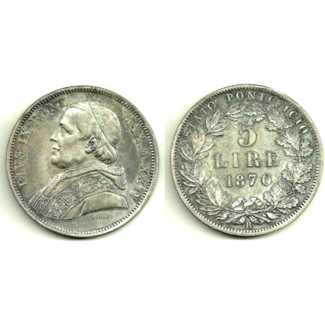 (1380) Ciudad del Vaticano. 1870. 5 Lira (EBC) (Plata)