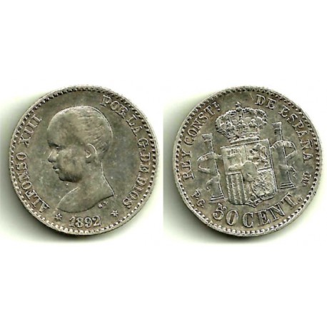 Alfonso XIII. 1892*(9-2). 50 Céntimos (MBC) (Plata) Ceca de Madrid PG-M