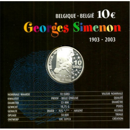 Bélgica. 2003. 10 Euro (Proof) (Plata) Georges Simenon