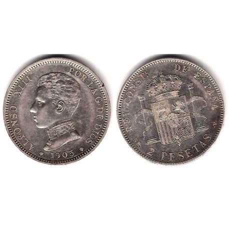 Alfonso XIII. 1905*(19-05). 2 Pesetas (SC-) (Plata) Ceca de Madrid SM-V