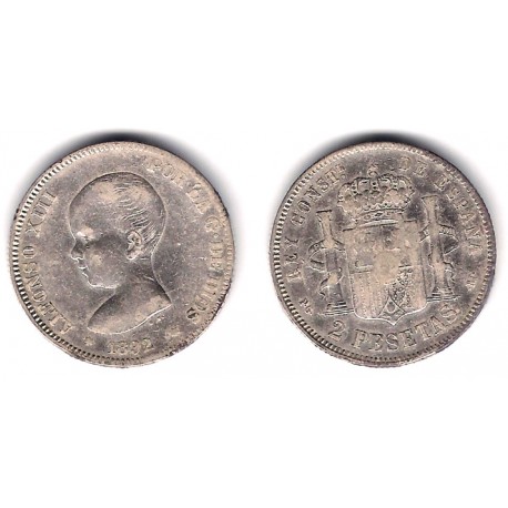 Alfonso XIII. 1892*(1---2). 2 Pesetas (BC) (Plata) Ceca de Madrid PG-M