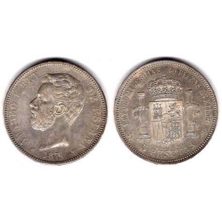 Amadeo I. 1871*(18-71). 5 Pesetas (EBC) (Plata) Ceca de Madrid SN-M