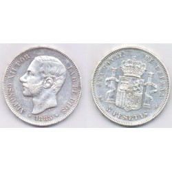 Alfonso XII. 1885*(18-87). 5 Pesetas (MBC) (Plata) Ceca de Madrid MS-M