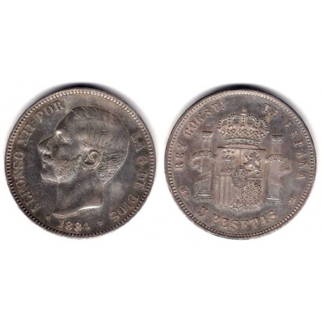 Alfonso XII. 1884*(18-84). 5 Pesetas (MBC+) (Plata) Ceca de Madrid MS-M