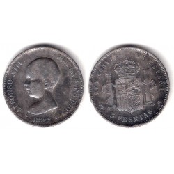 Alfonso XIII. 1892*(---9-). 5 Pesetas (BC-) (Plata) Ceca de Madrid PG-M