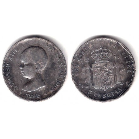 Alfonso XIII. 1892*(---9-). 5 Pesetas (BC-) (Plata) Ceca de Madrid PG-M