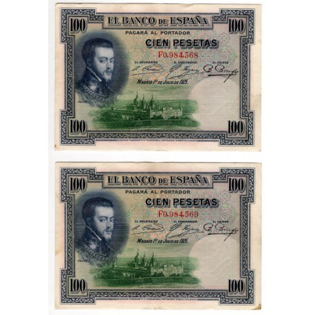 España. 1925. 100 Pesetas (x2) (MBC) Serie F. Pareja