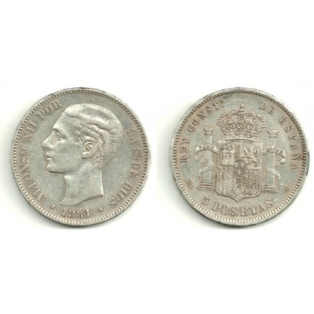 Alfonso XII. 1881*(18-81). 5 Pesetas (MBC) (Plata) Ceca de Madrid MS-M