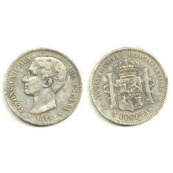 Alfonso XII. 1875*(---75). 5 Pesetas (BC) (Plata) Ceca de Madrid DE-M