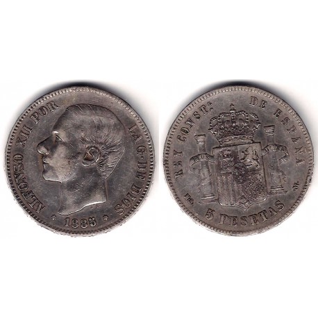 Alfonso XII. 1885*(18-87). 5 Pesetas (BC) (Plata) Ceca de Madrid MS-M. Variante