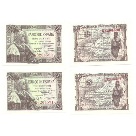 [1945] Billete de 1 Peseta (x2) (SC).