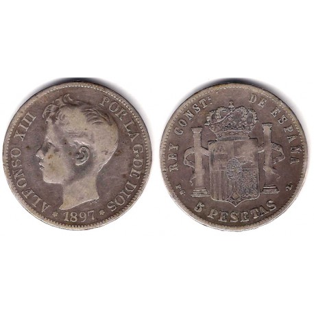 Alfonso XIII. 1897*(-8---). 5 Pesetas (BC) (Plata) Ceca de Madrid PG-L. Falsa de Época