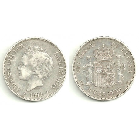 Alfonso XIII. 1892*(18---). 5 Pesetas (BC) (Plata) Ceca de Madrid PG-M