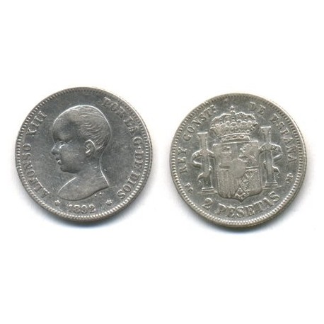 Alfonso XIII. 1892*(---92). 2 Pesetas (BC) (Plata) Ceca de Madrid PG-M