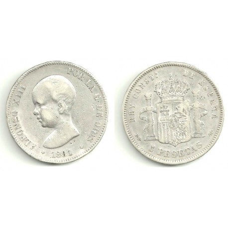 Alfonso XIII. 1891*(---91). 5 Pesetas (BC) (Plata) Ceca de Madrid PG-M