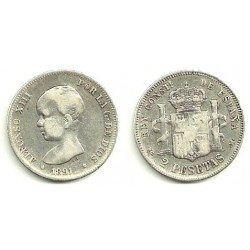 Alfonso XIII. 1891*(---91). 2 Pesetas (BC) (Plata) Ceca de Madrid PG-M