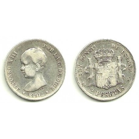 Alfonso XIII. 1891*(---91). 2 Pesetas (BC) (Plata) Ceca de Madrid PG-M