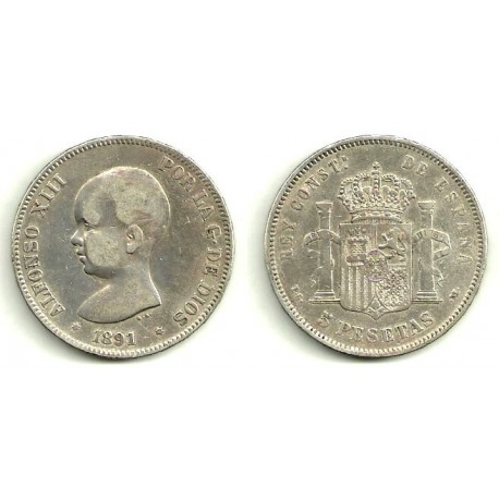 Alfonso XIII. 1891*(---91). 5 Pesetas (RC) (Plata) Ceca de Madrid PG-M