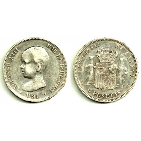 Alfonso XIII. 1891*(---91). 5 Pesetas (BC) (Plata) Ceca de Madrid PG-M