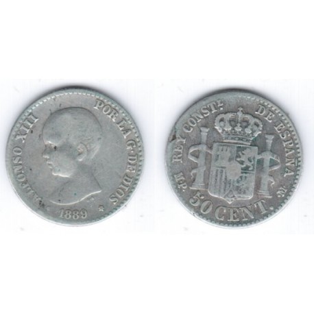 Alfonso XIII. 1889*(--9). 50 Céntimos (BC) (Plata) Ceca de Madrid MP-M