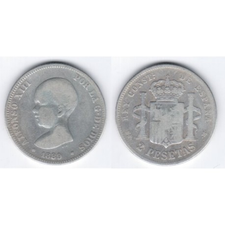 Alfonso XIII. 1889*(-----). 2 Pesetas (BC) (Plata) Ceca de Madrid MP-M