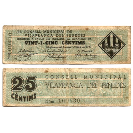 Vilafranca del Penedés. 1937. 25 Céntimos (BC)