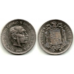 Estado Español. 1949*(19-49). 5 Pesetas (MBC) Variante. Hilo de Metal