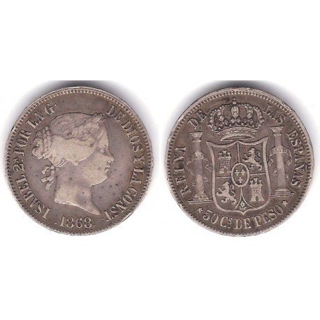 Isabel II. 1868. 50 Centavos de Peso (MBC) (Plata) Ceca de Manila