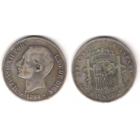 Alfonso XII. 1884*(-----). 5 Pesetas (BC+) (Plata) Ceca de Madrid MS-M. Falsa de Época