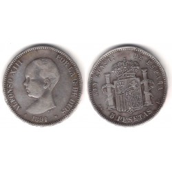 Alfonso XIII. 1891*(18-91). 5 Pesetas (MBC) (Plata) Ceca de Madrid PG-L. Falsa de Época