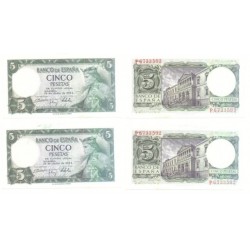 [1954] Billete de 5 Pesetas (x2) (SC). Serie P. Pareja correlativa.