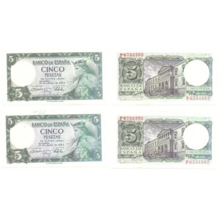 [1954] Billete de 5 Pesetas (x2) (SC). Serie P. Pareja correlativa.