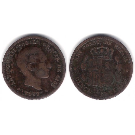 Alfonso XII. 1877. 5 Céntimos (BC-) Ceca de Barcelona OM