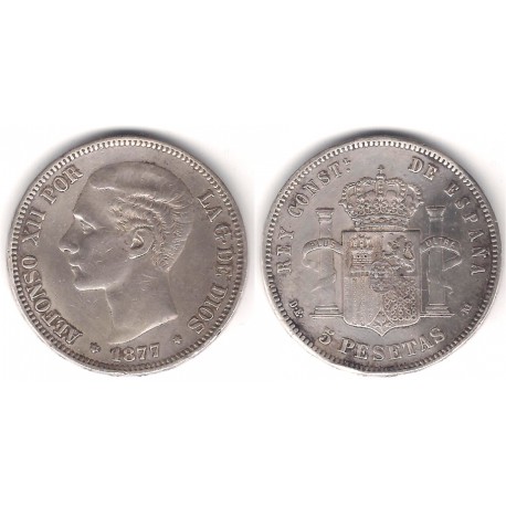 Alfonso XII. 1877*(18-77). 5 Pesetas (MBC) Ceca de Madrid DE-M. Falsa de Época