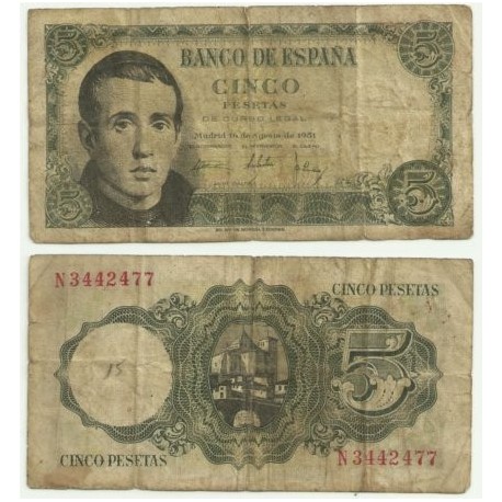 [1951] Billete de 5 Pesetas (BC). Serie N. Pequeñas roturas en los margenes.