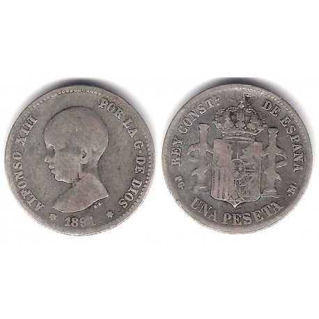 Alfonso XIII. 1891*(-----). 1 Peseta (BC-) (Plata) Ceca de Madrid PG-M. Resello