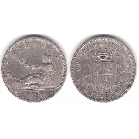 Gobierno Provisional. 1870*(18-73). 2 Pesetas (BC+) (Plata) Ceca de Madrid DE-M