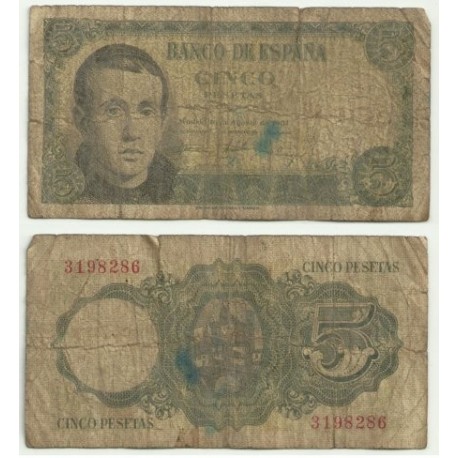 [1951] Billete de 5 Pesetas (RC). Sin serie. Roturas varias.