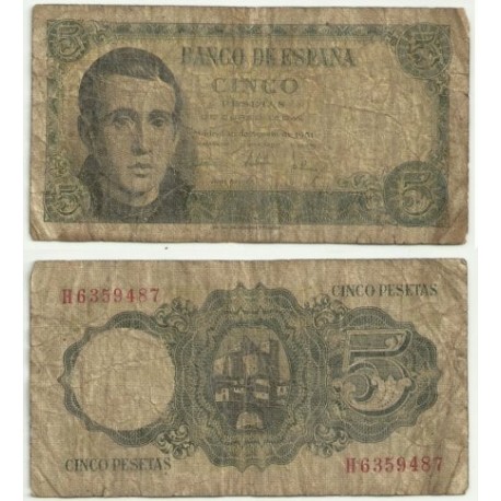 [1951] Billete de 5 Pesetas (RC). Serie H. Roturas varias.