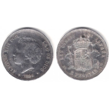 Alfonso XIII. 1894*(18-94). 5 Pesetas (EBC) (Plata) Ceca de Madrid PG-V