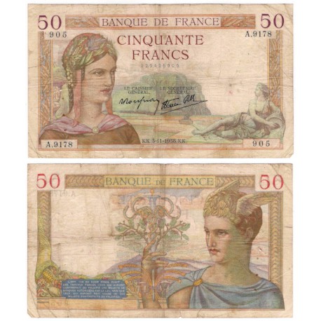 (85b) Francia. 1938. 50 Francs (BC+) Diferentes roturas