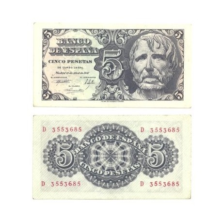 [1947] Billete de 5 Pesetas (EBC). Serie D.