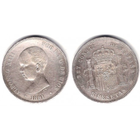 Alfonso XIII. 1891*(18-91). 5 Pesetas (BC) (Plata) Ceca de Madrid PG-M