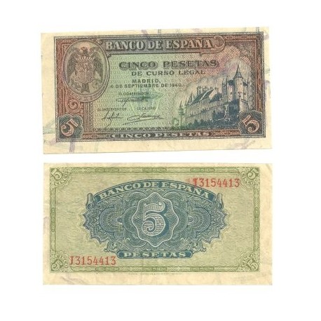 [1940] Billete de 5 Pesetas (EBC). Serie J.