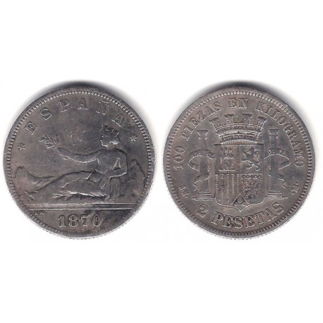 Gobierno Provisional. 1870*(18-70). 2 Pesetas (BC) (Plata) Ceca de Madrid SN-M