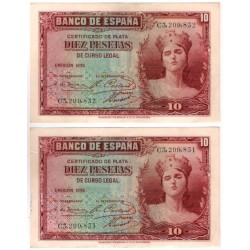 España. 1935. 10 Pesetas (x2) (EBC-) Serie C. Pareja Correlativa