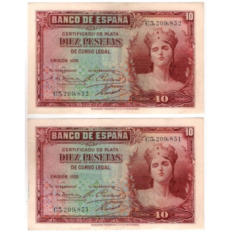 España. 1935. 10 Pesetas (x2) (EBC-) Serie C. Pareja Correlativa